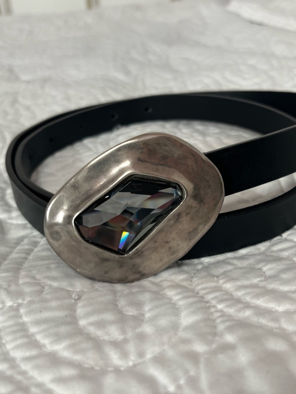 Black 100% Calf Leather Belt with Silver Swarovski Crystal Buckle